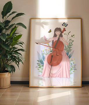 Girl Playing Cello Surrounded by Nature with Butterflies - Mi tienda