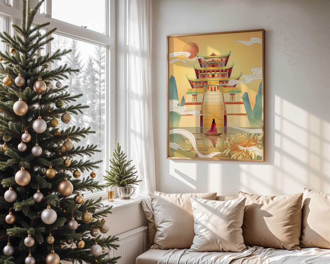 Ancient temple with serene landscape and vibrant colors artwork