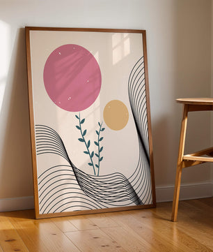 Composition florale abstraite avec des cercles roses et orange sur fond minimaliste