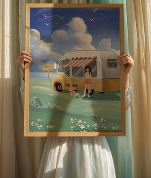 Girl with dog by camper van in serene nature setting