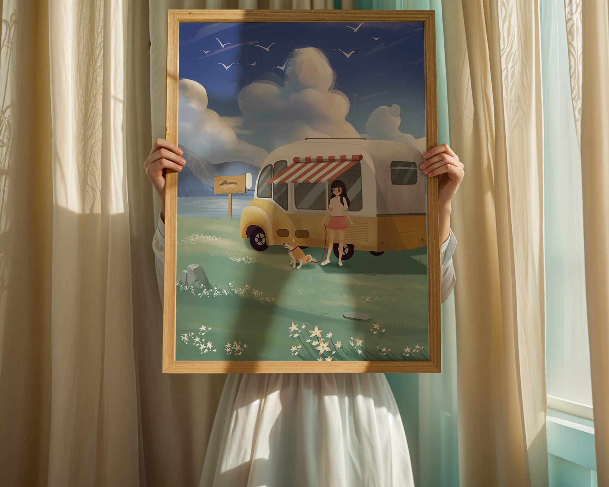 Girl with dog by camper van in serene nature setting