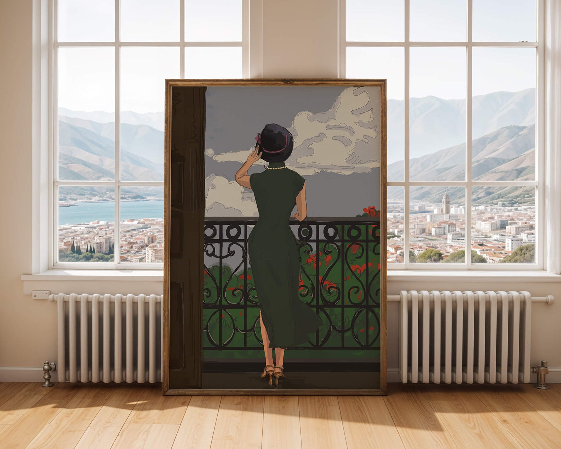 Mujer elegante en un balcón con vista pintoresca y flores rojas