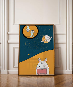 Playful Cartoon of Astronauts and Rabbit with Planet and Stars - Mi tienda