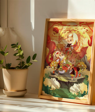 Fantastical scene with anthropomorphic animals and a dragon in a vibrant setting