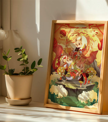 Fantastical scene with anthropomorphic animals and a dragon in a vibrant setting