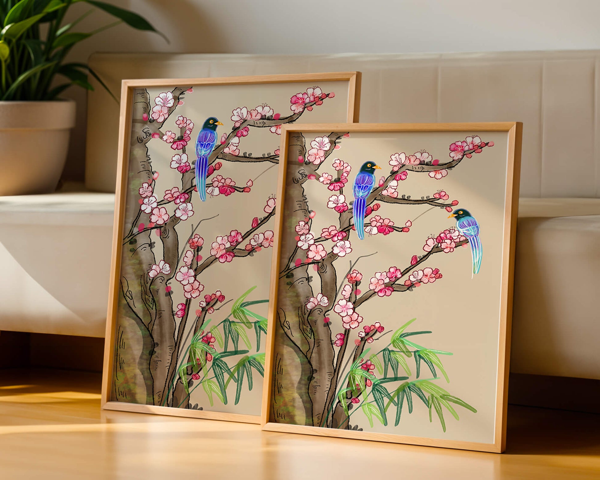 Illustration sereine d’oiseaux sur des branches en fleurs avec des feuilles de bambou