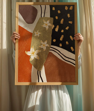 Abstract floral artwork with gold accents and earthy tones