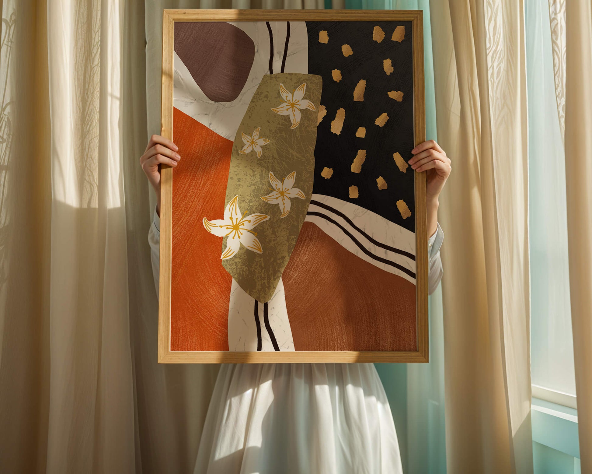 Abstract floral artwork with gold accents and earthy tones