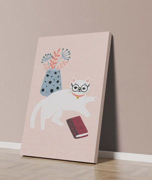 Illustration of playful cat with book and floral vase