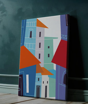 Paisaje urbano abstracto colorido con edificios geométricos