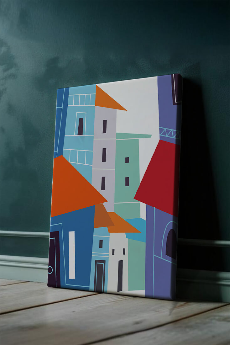 Colorful abstract cityscape with geometric buildings