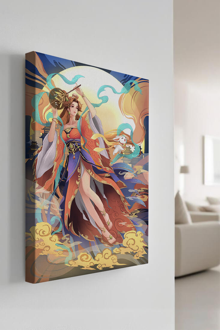 Elegant goddess with flowing robes against a mystical backdrop