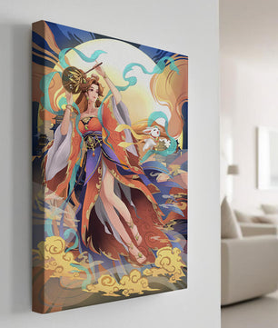 Elegant goddess with flowing robes against a mystical backdrop
