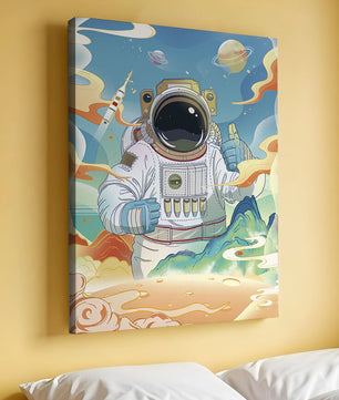 Colorful illustration of an astronaut in space with planets and rocket