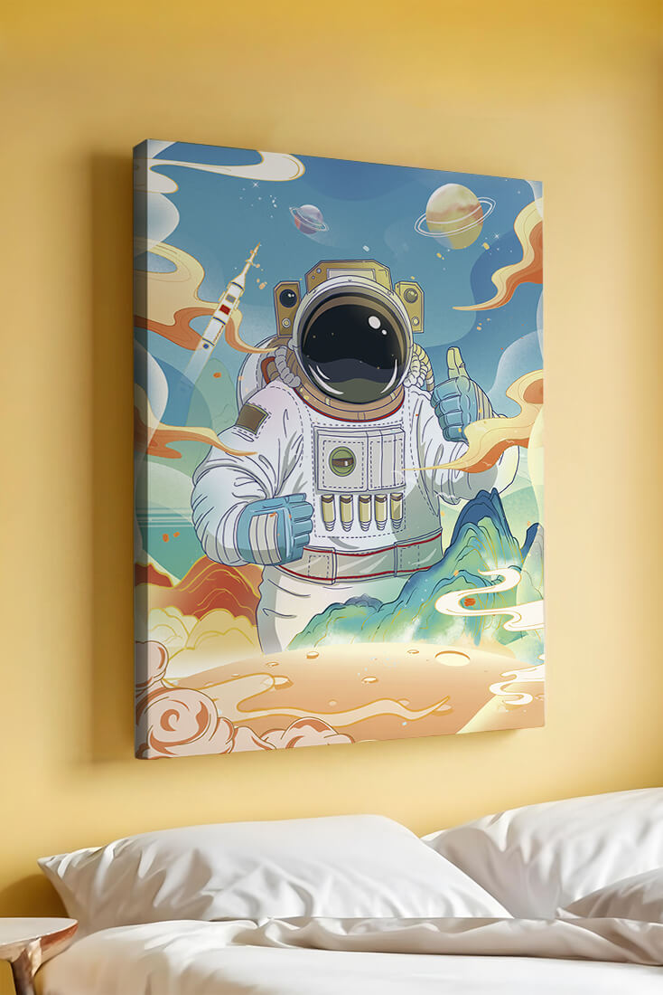 Colorful illustration of an astronaut in space with planets and rocket