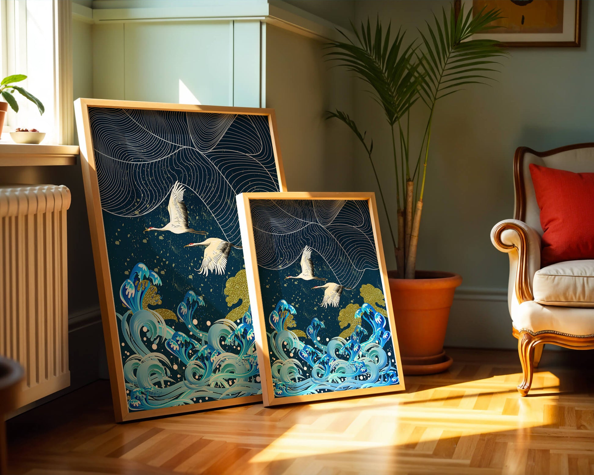 Elegant Cranes Flying Over Golden Waves and Artistic Ocean