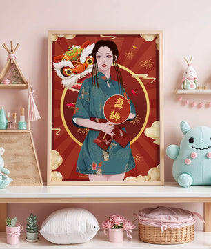 Elegant woman in traditional attire with lion dance mask in vibrant background