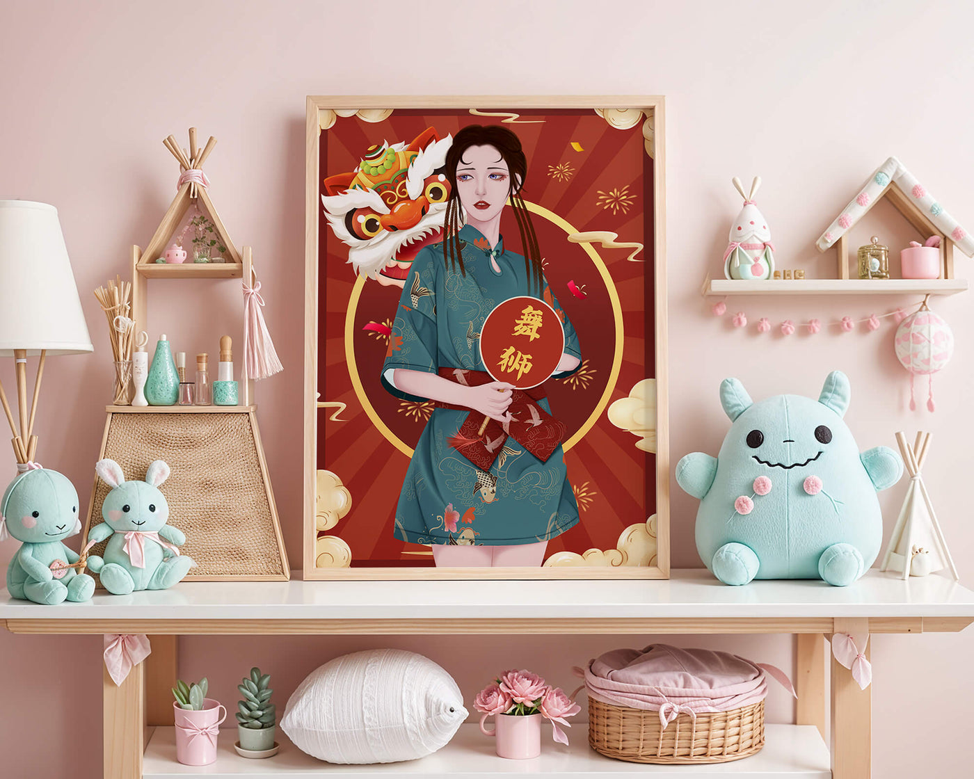 Elegant woman in traditional attire with lion dance mask in vibrant background