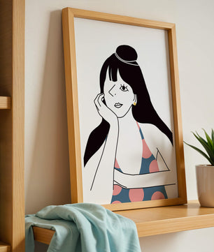 Elegant Minimalist Woman Portrait with Polka Dot Dress and Gold Earring - Mi tienda
