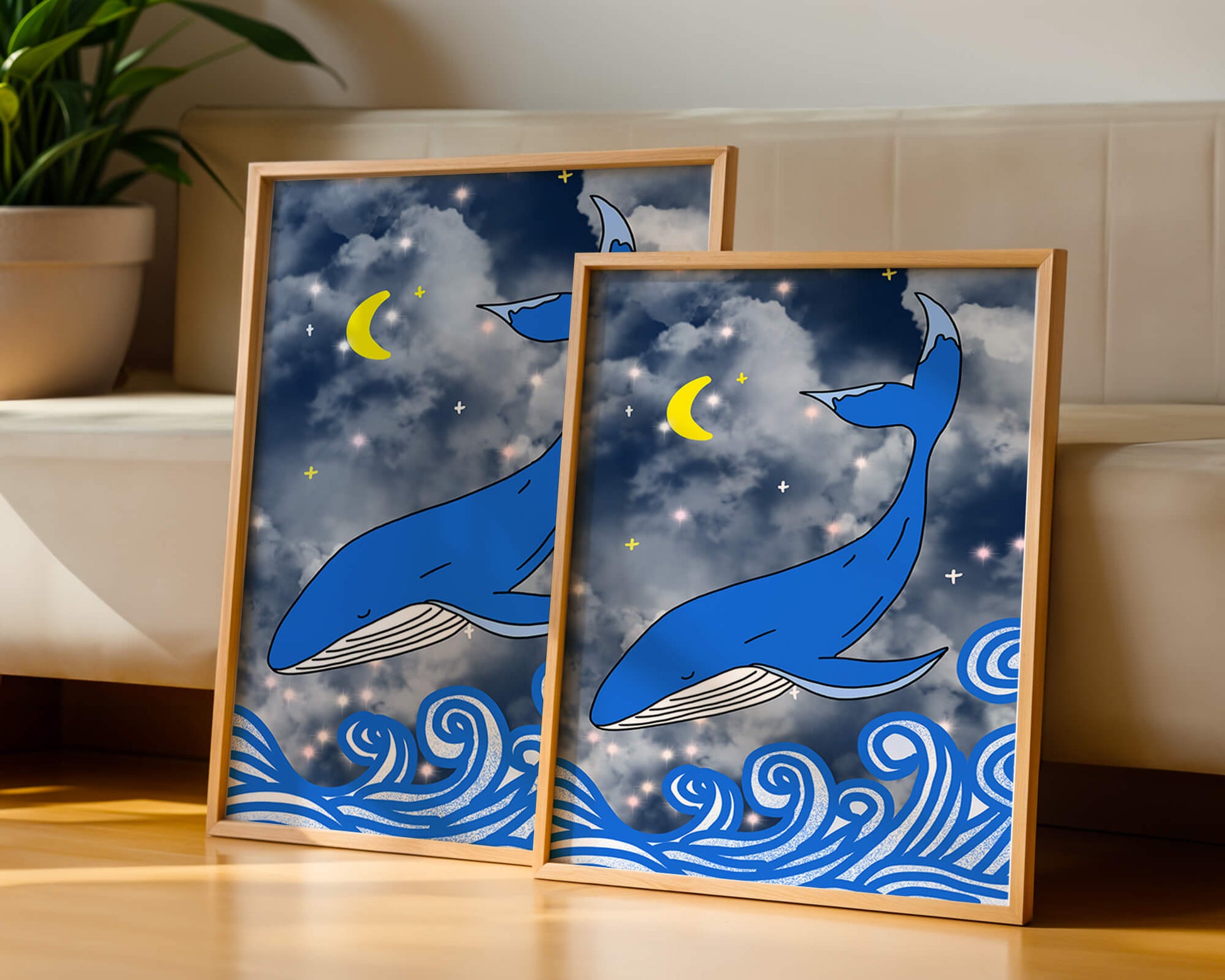 Whimsical blue whale in a starry night ocean scene