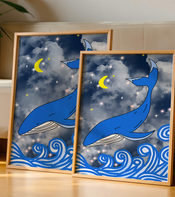 Whimsical blue whale in a starry night ocean scene