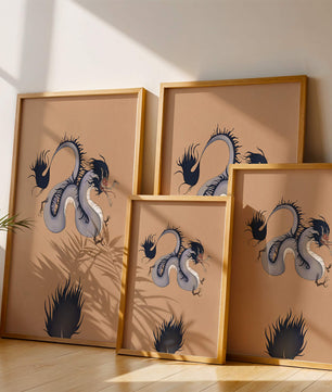 Illustration of a mystical dragon with fluid form on a beige background