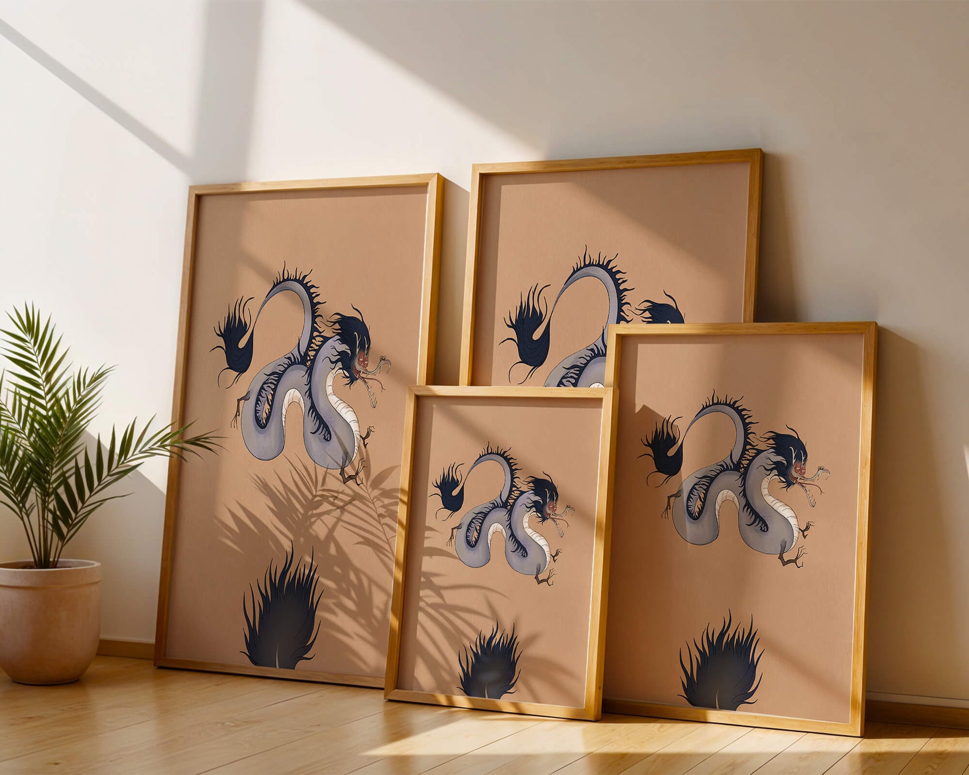 Illustration of a mystical dragon with fluid form on a beige background