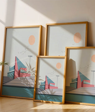 Ilustración arquitectónica moderna con diseño geométrico y atardecer