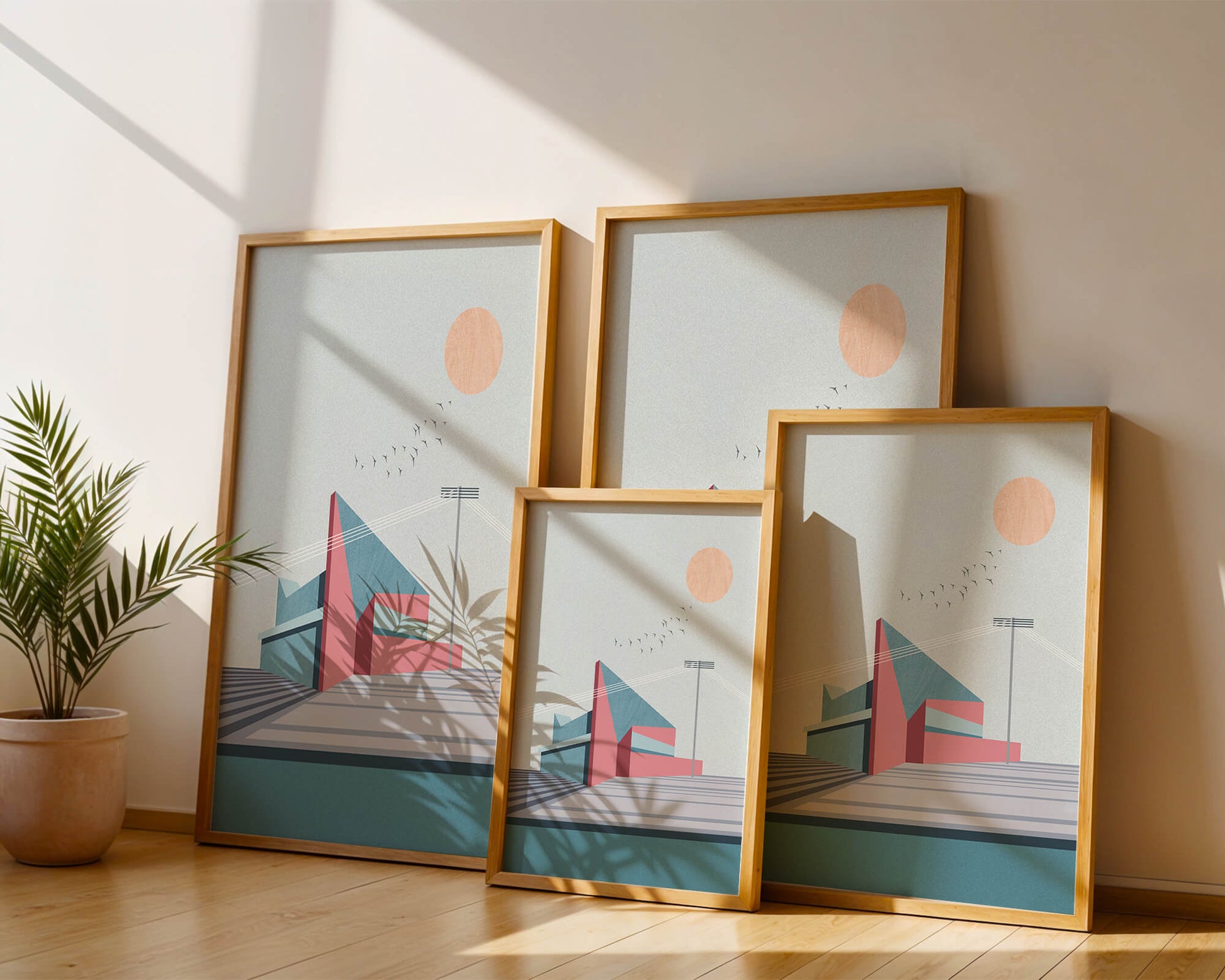 Ilustración arquitectónica moderna con diseño geométrico y atardecer