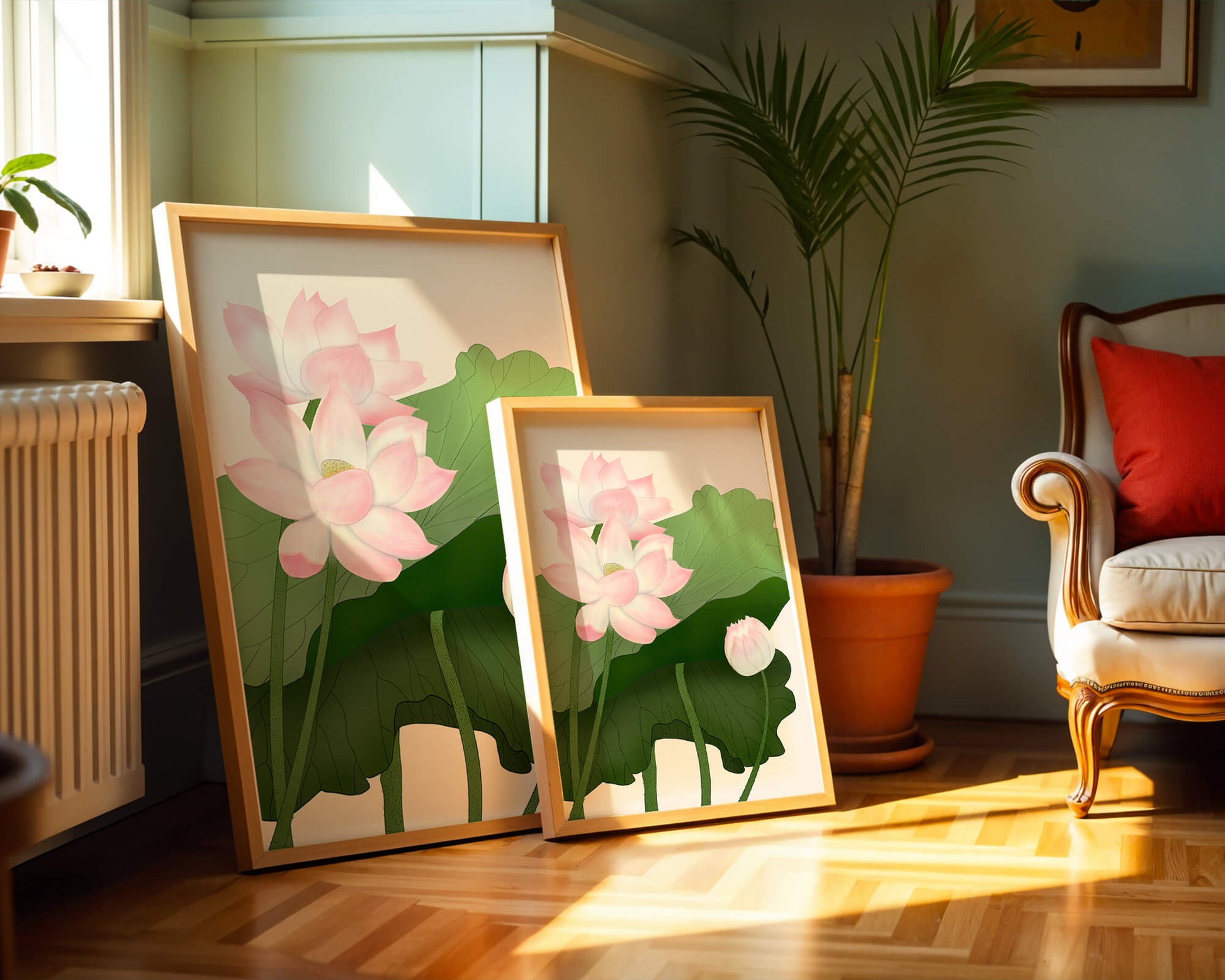 Delicate pink lotus flowers with verdant green leaves