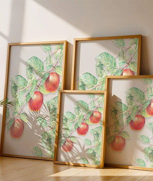 Ilustración de manzanas en la rama de un árbol con hojas verdes