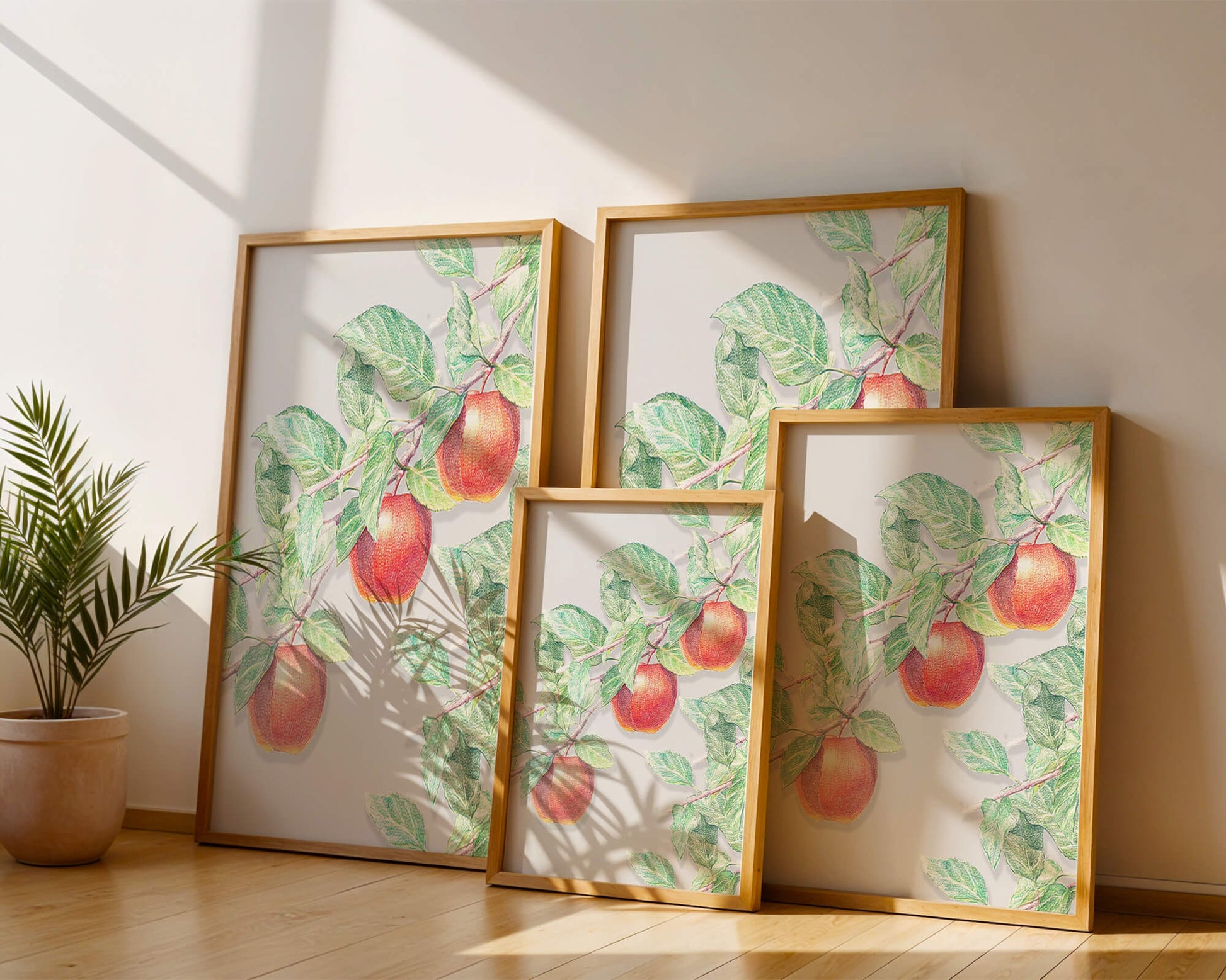 Illustration of Apples on a Tree Branch with Green Leaves