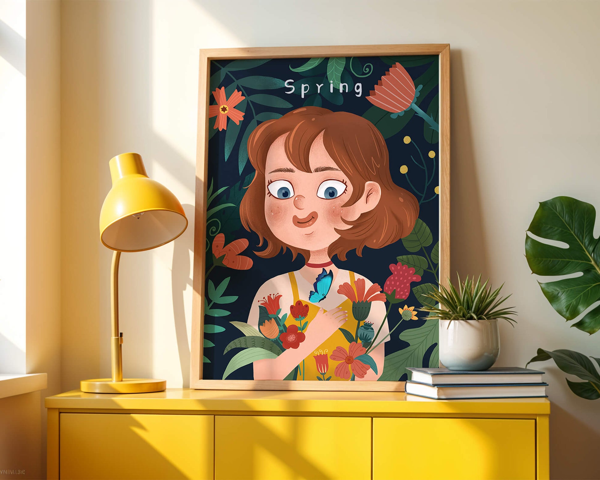 Ilustración primaveral encantadora con flores y mariposa