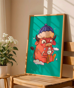 Winter cow cartoon with snowman on turquoise background