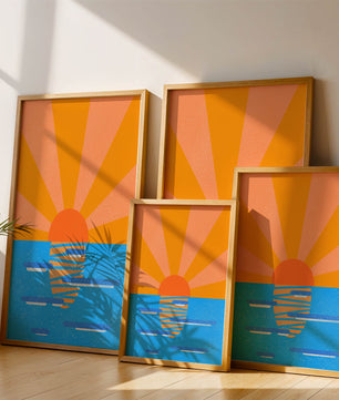 A vibrant sunrise illustration over the ocean with colorful rays