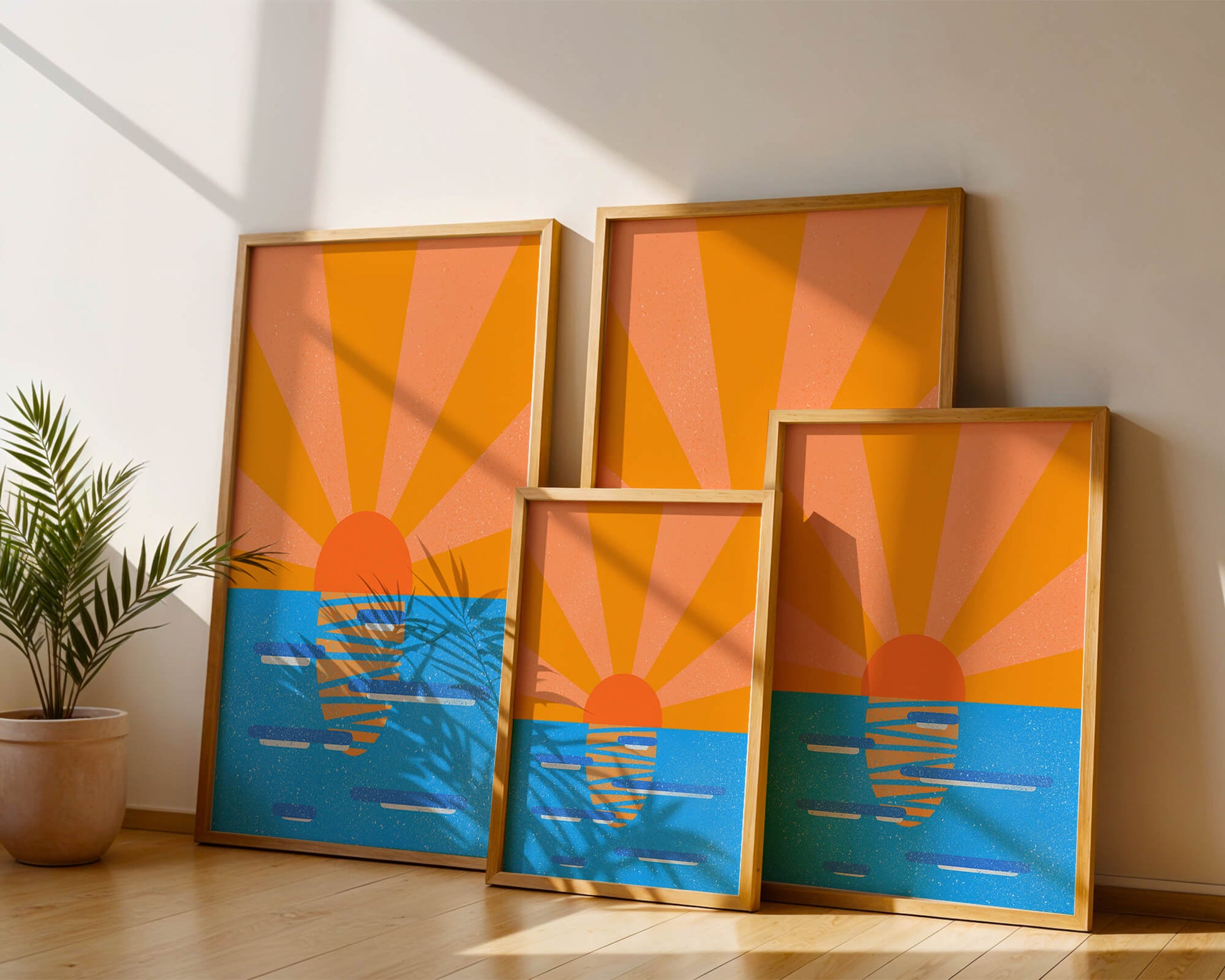 A vibrant sunrise illustration over the ocean with colorful rays
