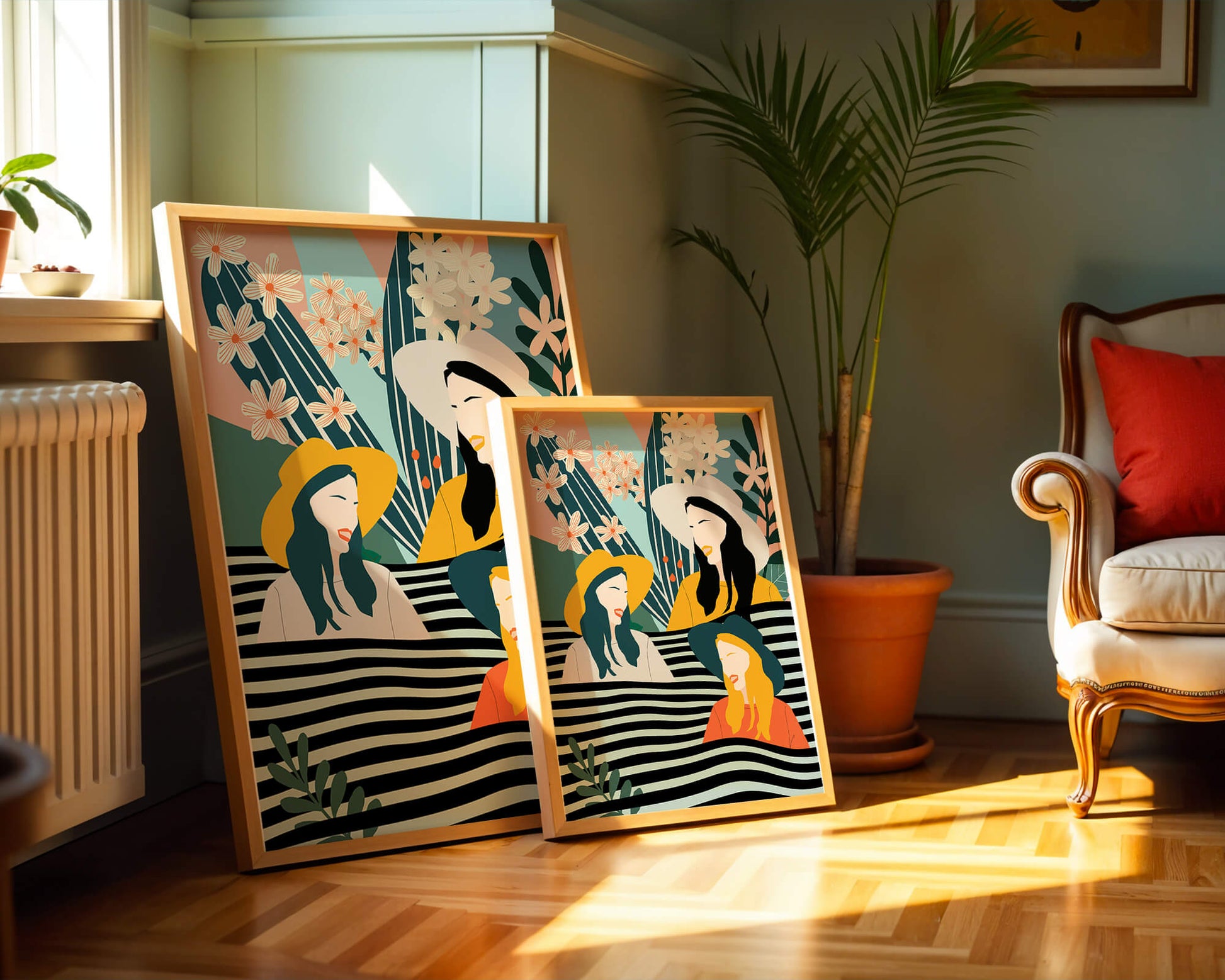 Illustration abstraite colorée de trois femmes avec des éléments floraux et botaniques