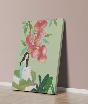 Mujer leyendo bajo un árbol de lichi con vegetación