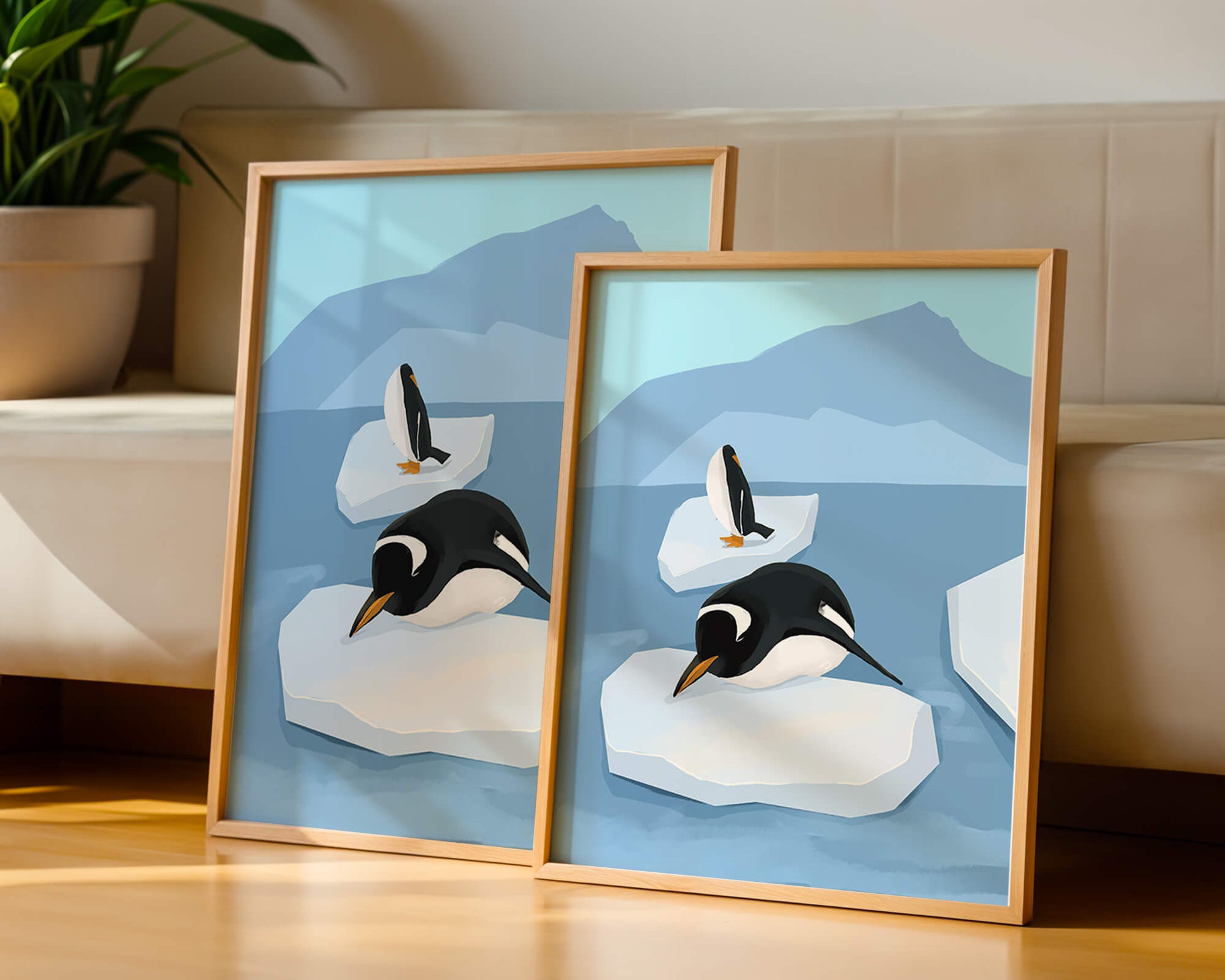 Charmante Pinguine auf schwimmenden Eisbergen in der Polarlandschaft