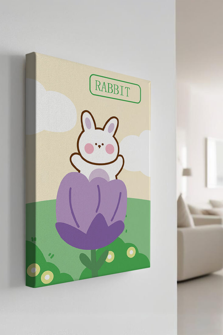 Ilustración caprichosa de un conejo adorable en una flor con colores pastel