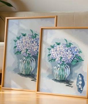 Aquarell Hortensien in einer Glasvase mit chinesischen Schriftzeichen