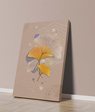 Elegante Blätter des Ginkgo mit abstrakten wellenförmigen und kreisförmigen Elementen