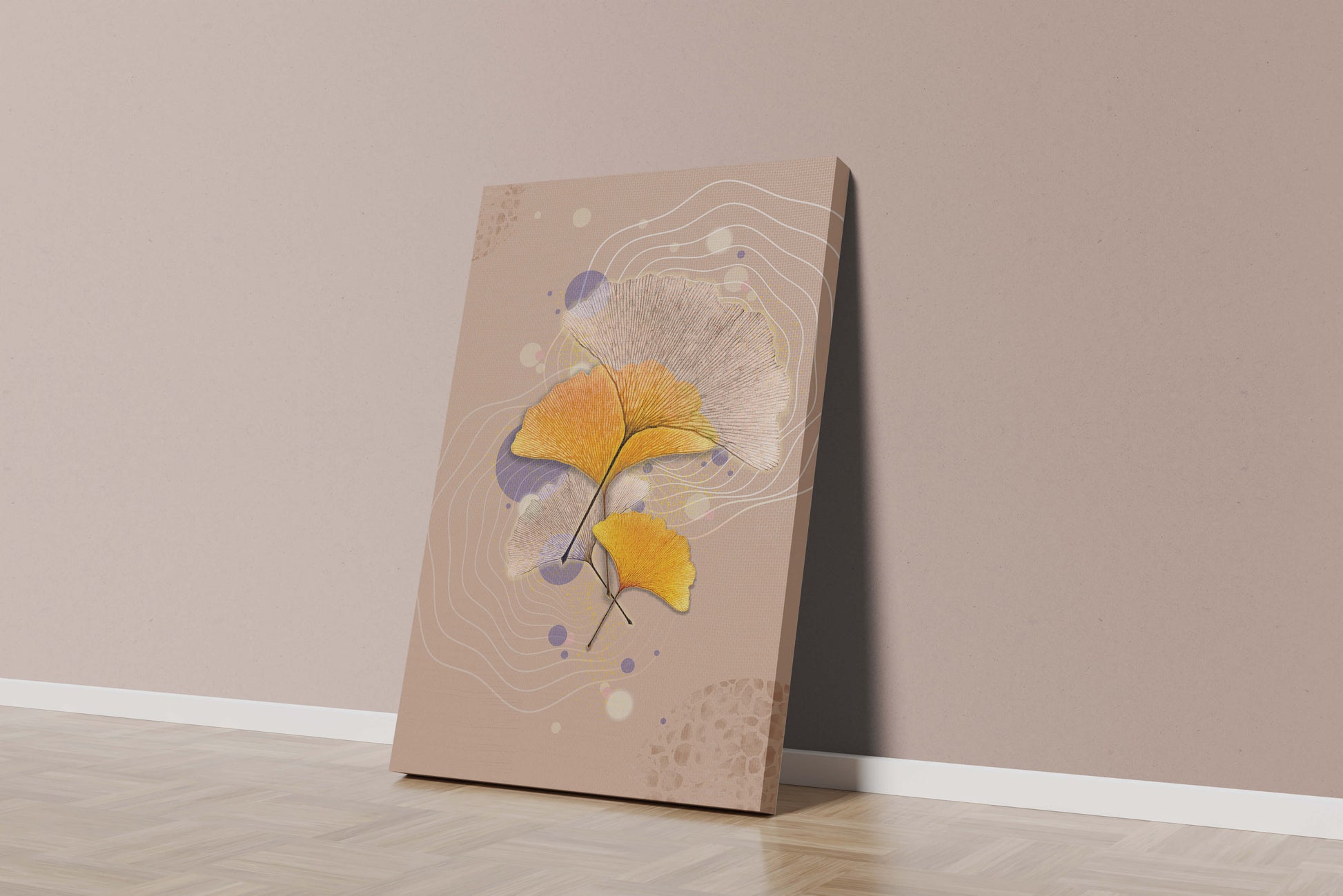 Elegant ginkgo leaves with abstract wavy and circular elements