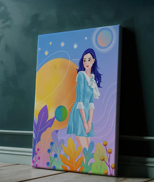 Ilustración de fantasía de una mujer en un jardín cósmico con colores vibrantes