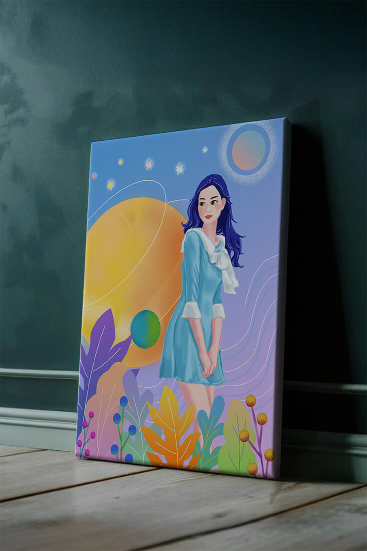 Ilustración de fantasía de una mujer en un jardín cósmico con colores vibrantes