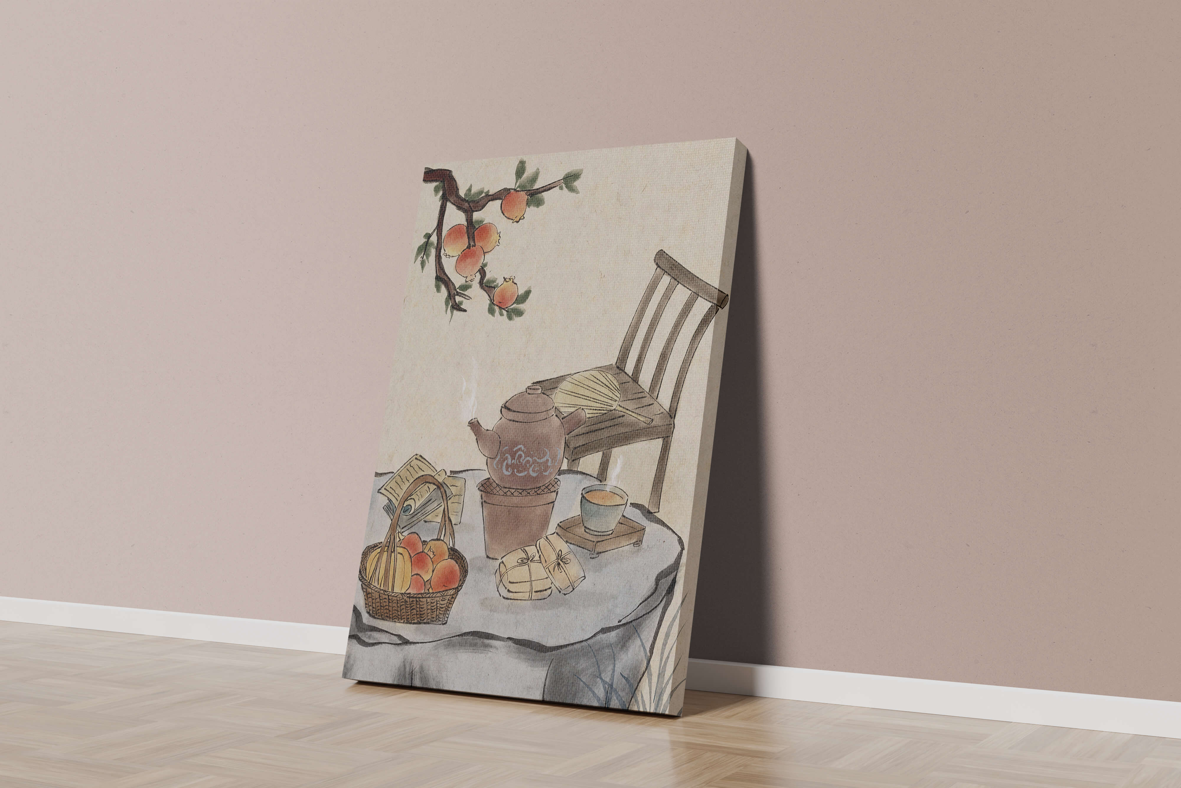 Watercolor painting of tea time setting with fruits and wooden chair