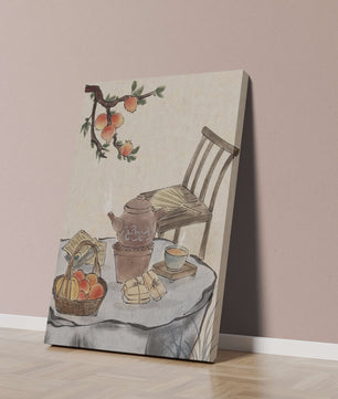 Peinture à l’aquarelle d’un moment de dégustation de thé avec des fruits et une chaise en bois