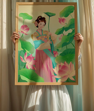 Traditional Asian woman in a garden surrounded by lotus flowers and green leaves