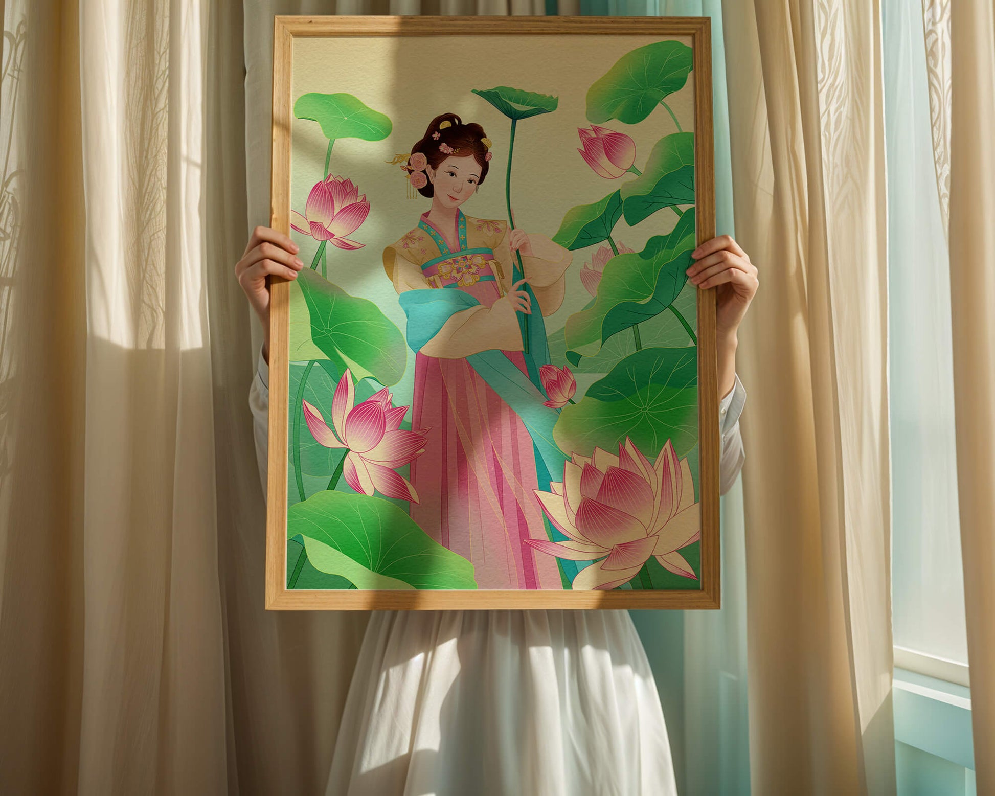 Traditional Asian woman in a garden surrounded by lotus flowers and green leaves