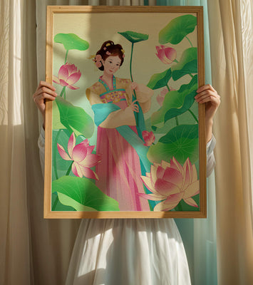 Traditional Asian woman in a garden surrounded by lotus flowers and green leaves